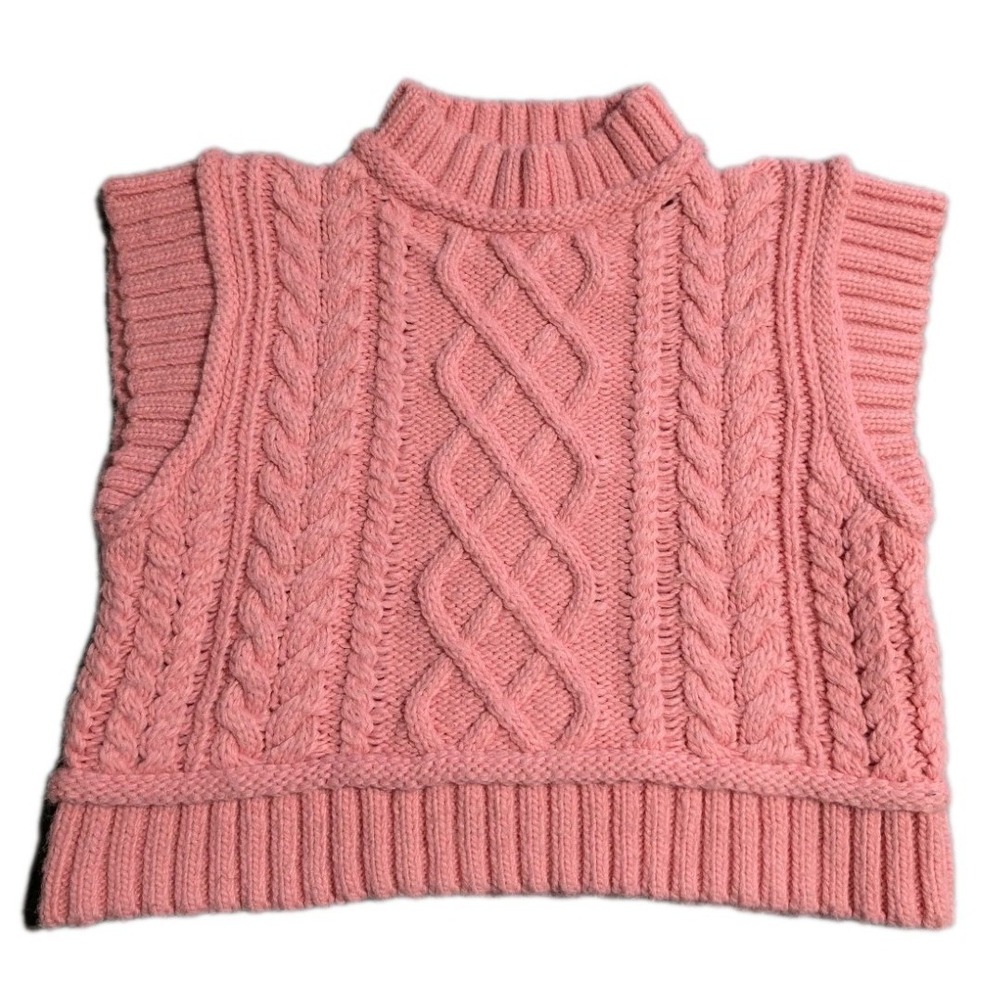 Zara Cable Knit Sweater Vest Womens S Pink‎ Cropped Chunky Knit Preppy
